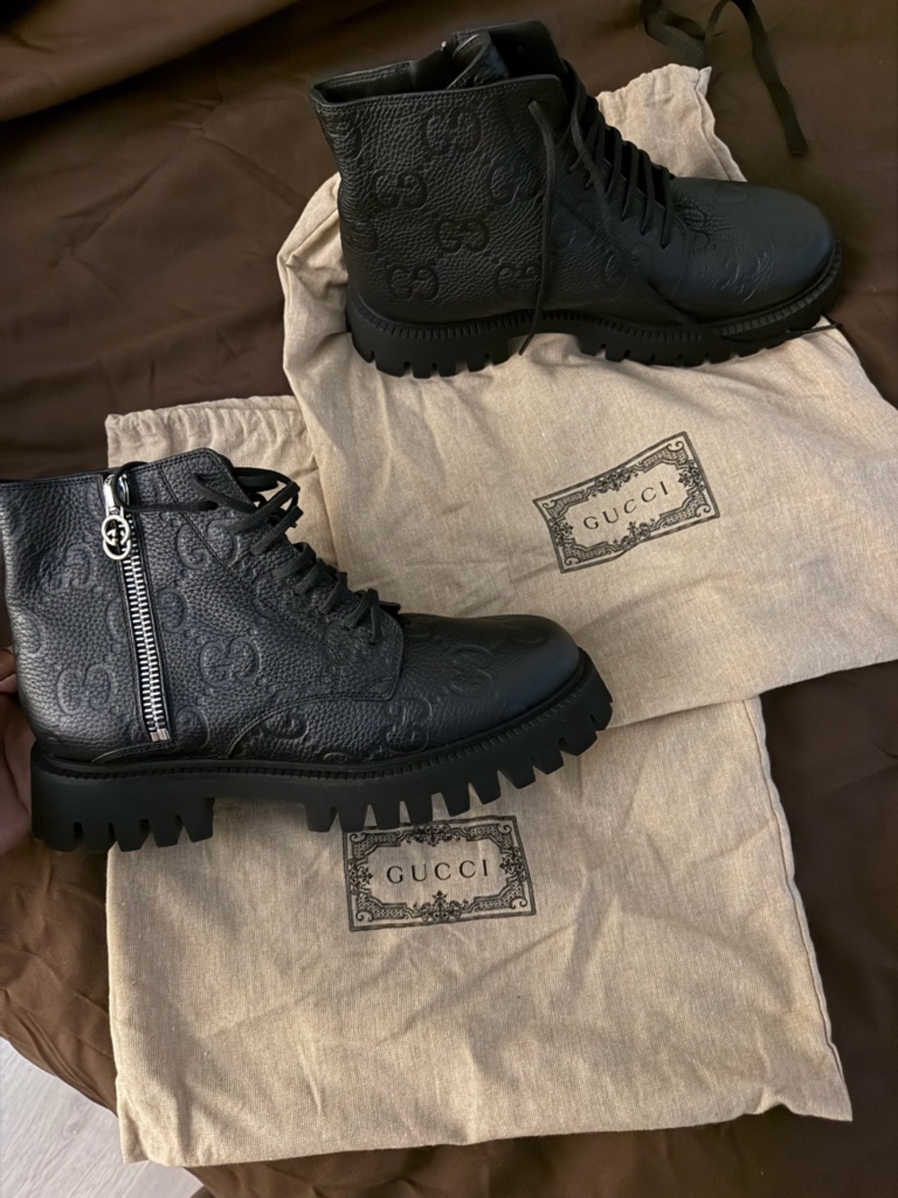 Gucci Black Embossed Leather Combat Boots with Side Zipper